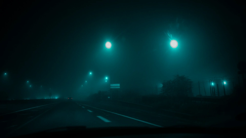 Route nocturne et brumeuse vue depuis une voiture, éclairée par des halos vert-bleutés qui suggèrent un voyage vers l’inconnu